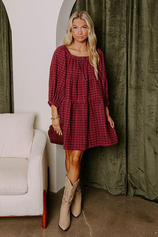 Pumpkin Spice Cutie Plaid Mini Dress in Wine Product Image