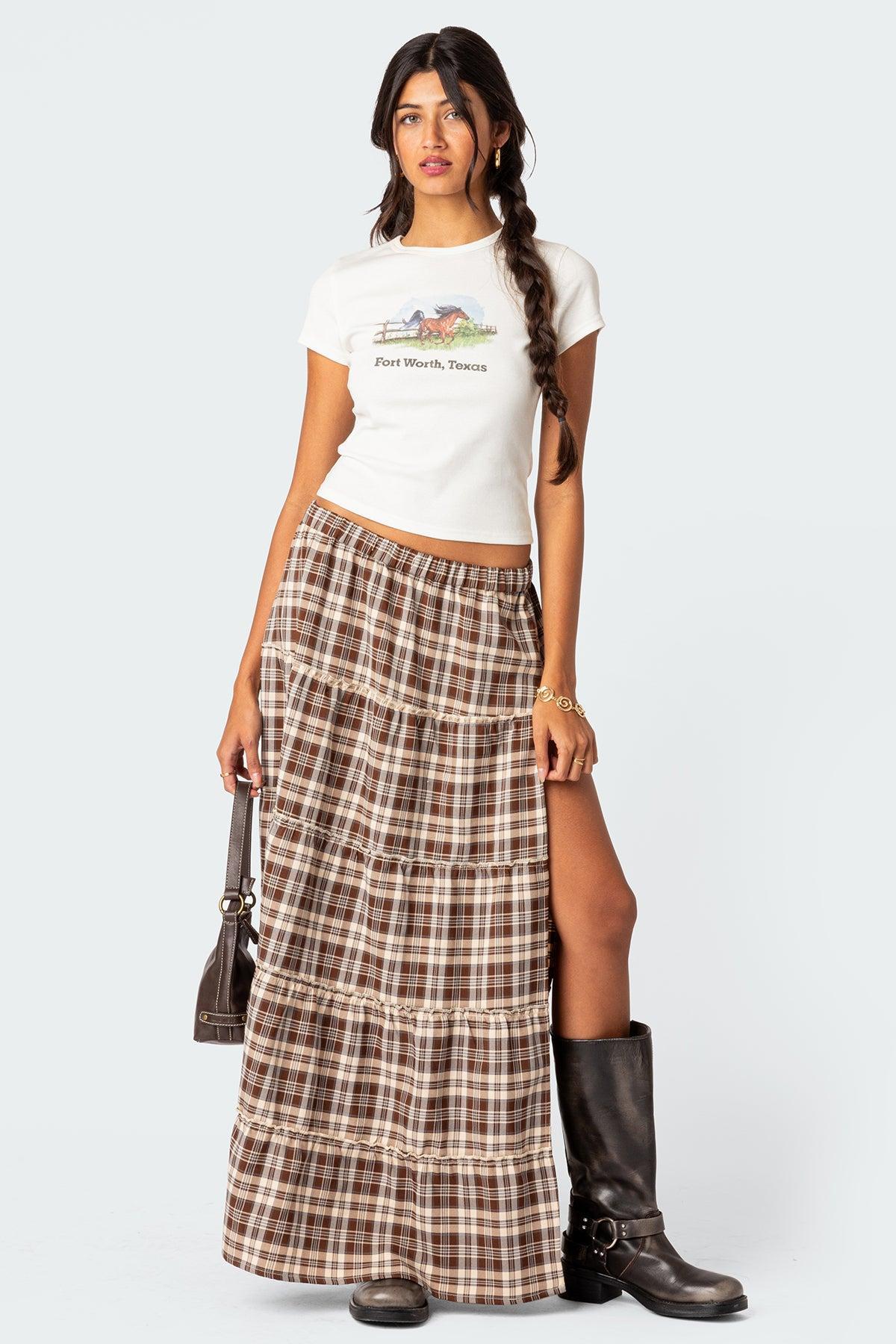 Plaid Side Slit Tiered Maxi Skirt Product Image