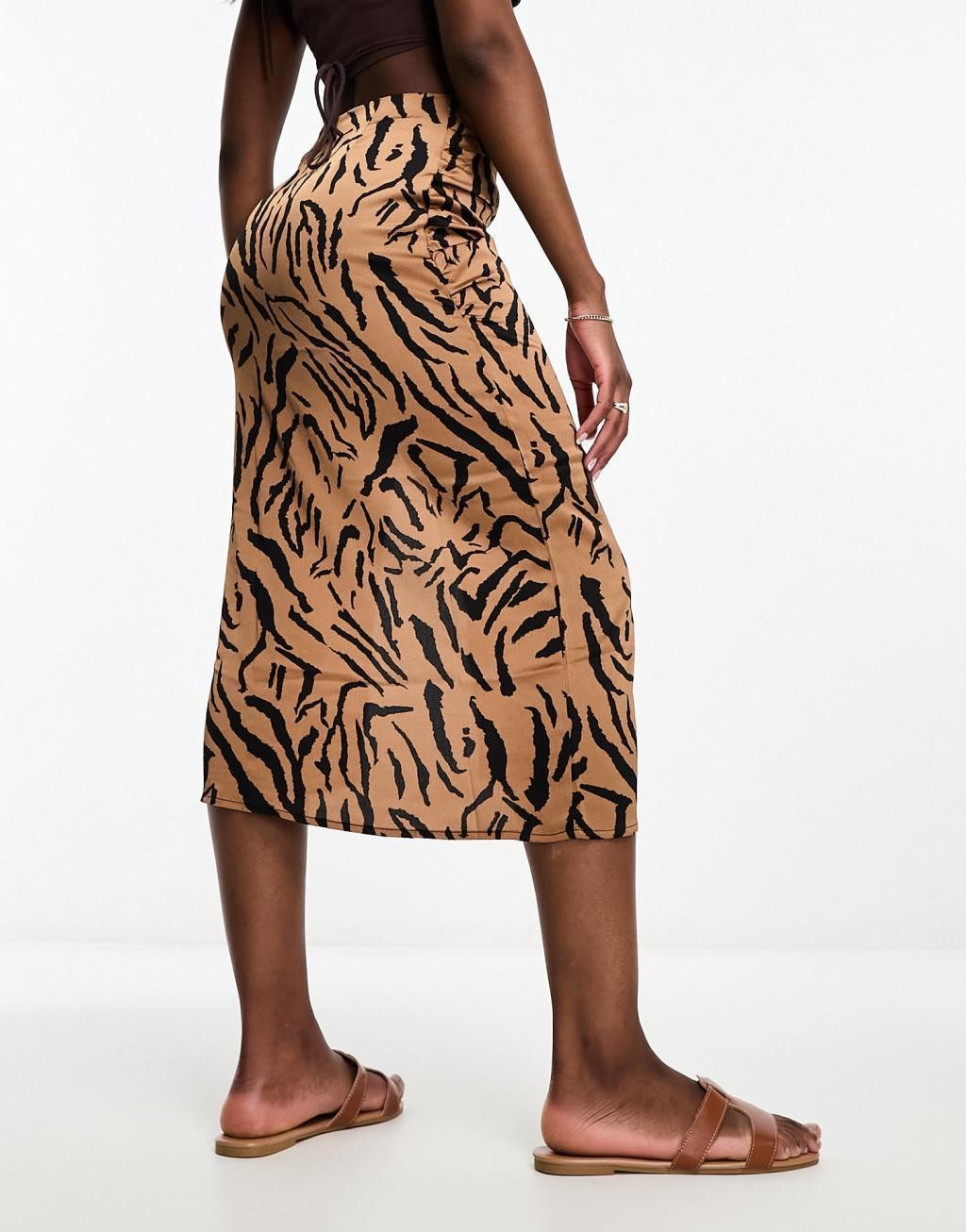 Vila ruched front midi skirt in animal print Product Image