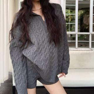 Collar Plain Cable-Knit Oversized Sweater / High Waist Hot Pants Product Image