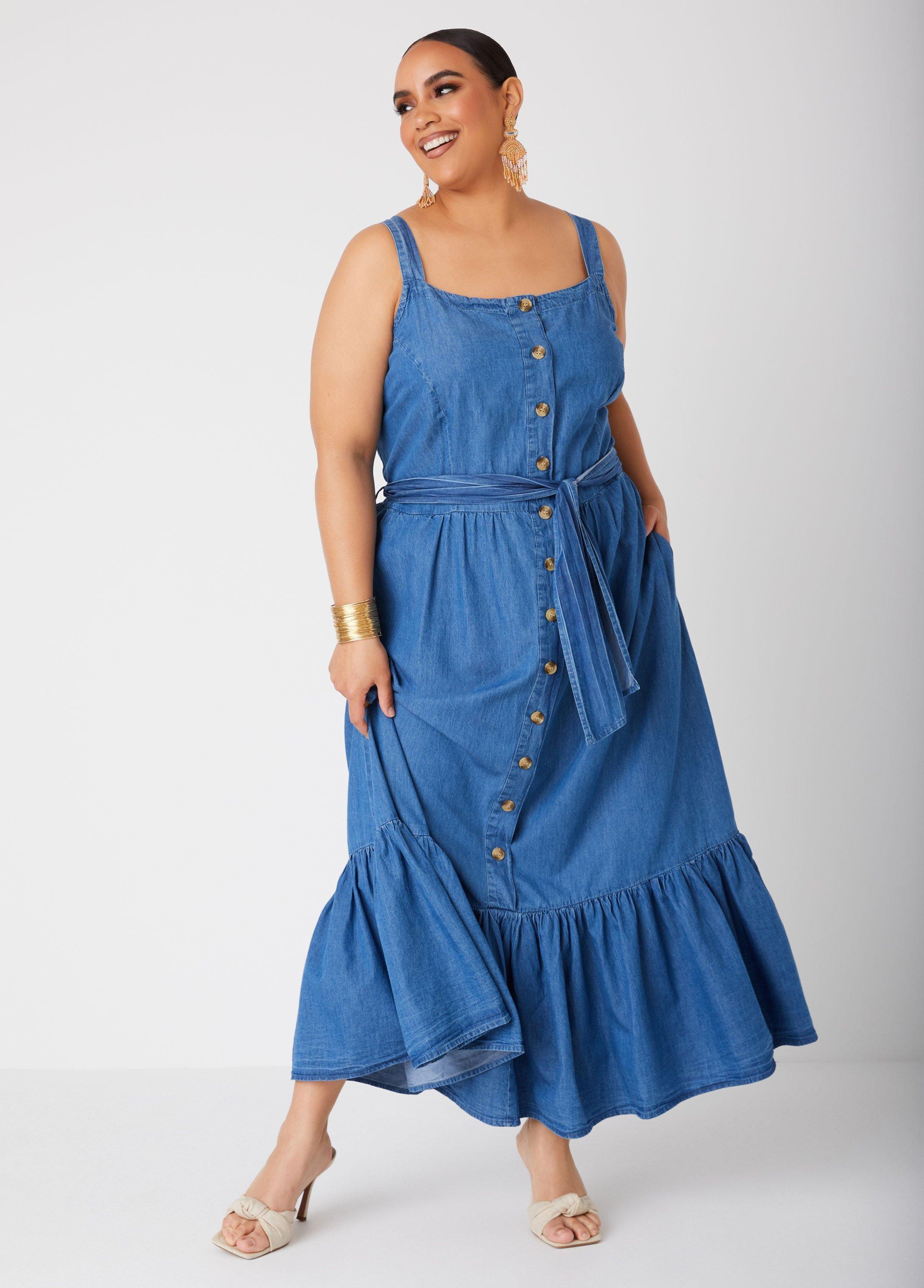 Plus Size Flounced Chambray Maxi Dress Ashley Stewart product image