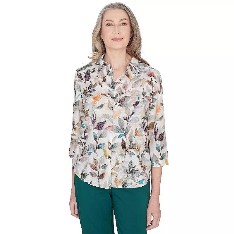 Petite Alfred Dunner Allover Watercolor Leaves Print Button Down Shirt, Womens Product Image