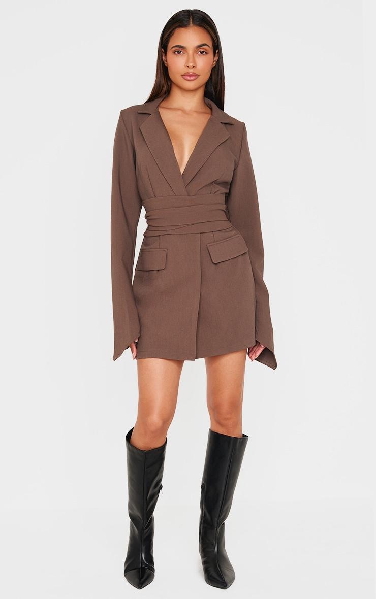 Chocolate Woven Wrap Belted Blazer Dress Product Image