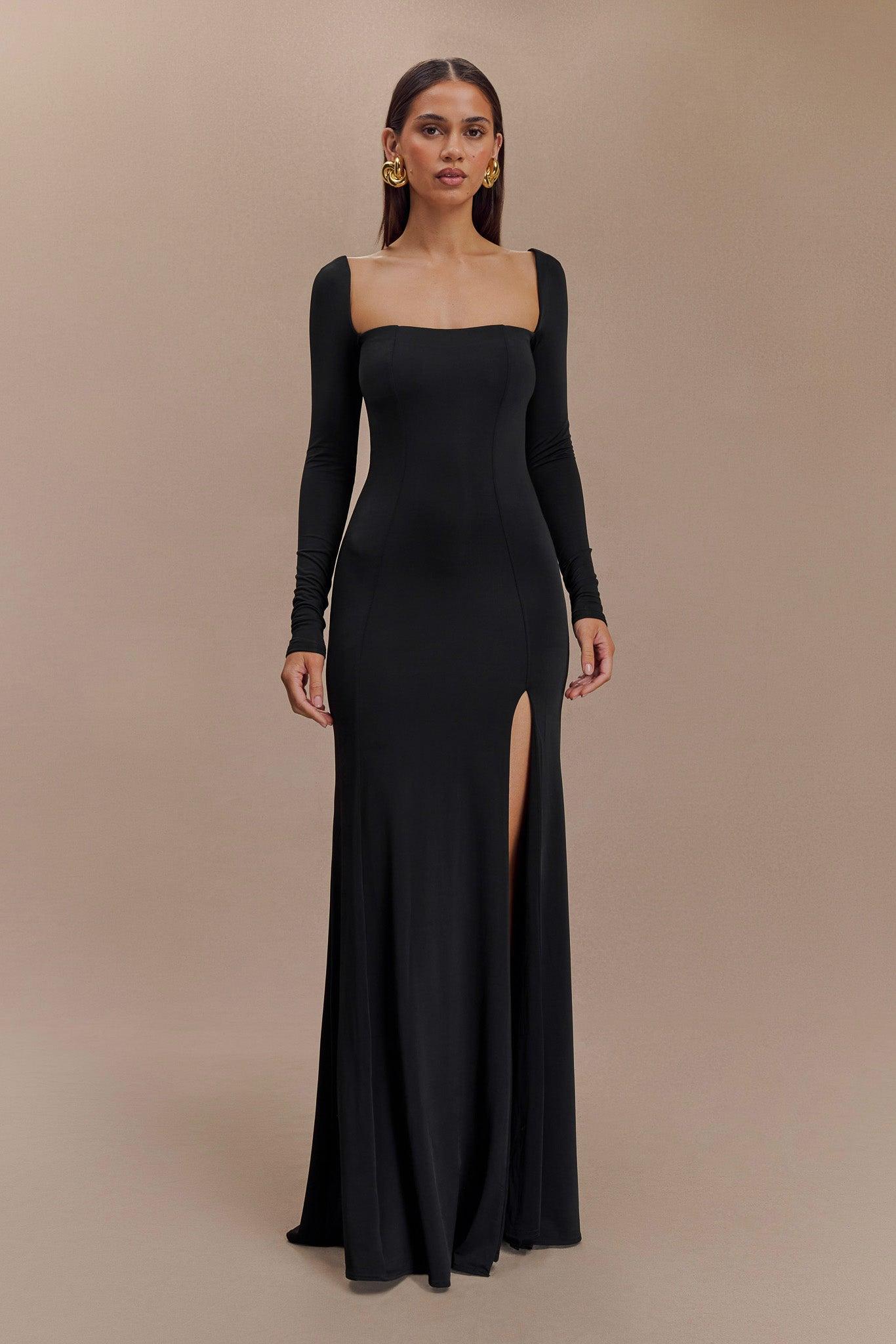 Desirie Slinky Long Sleeve Maxi Dress With Split - Black Product Image