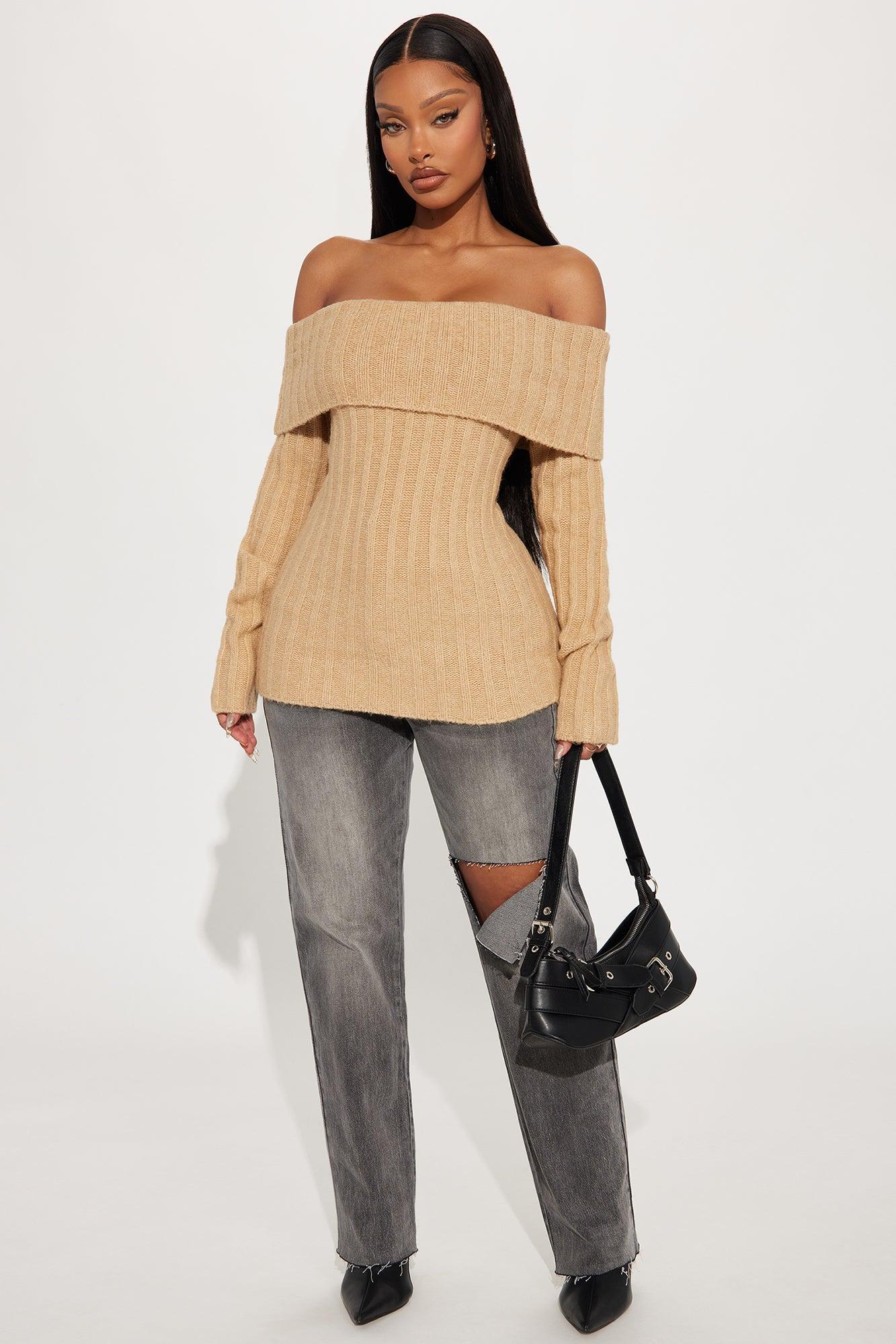 Mid City Off Shoulder Sweater - Taupe Product Image