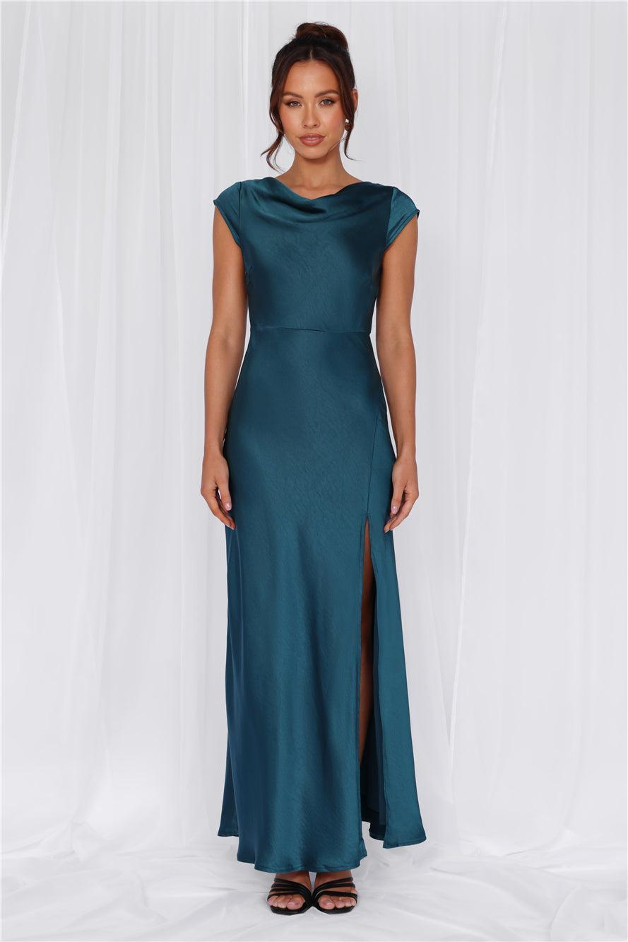 HELLO MOLLY The Valentina Cap Sleeve Satin Maxi Dress Teal Product Image