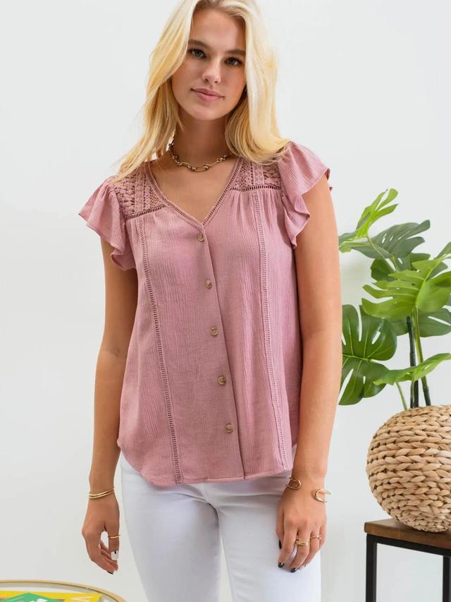 Dusty Rose Lace Ruffle Sleeve Woven Top Female Product Image