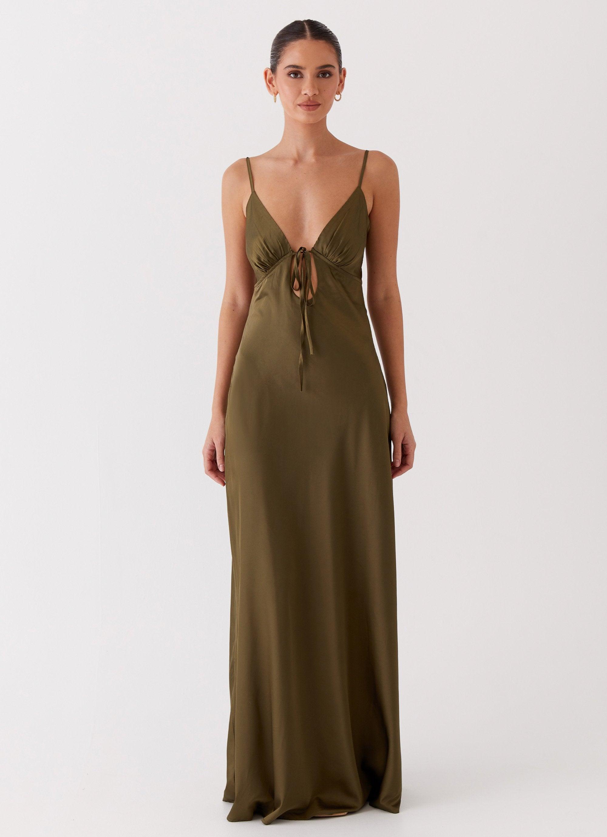 Flora Satin Maxi Dress - Khaki Product Image