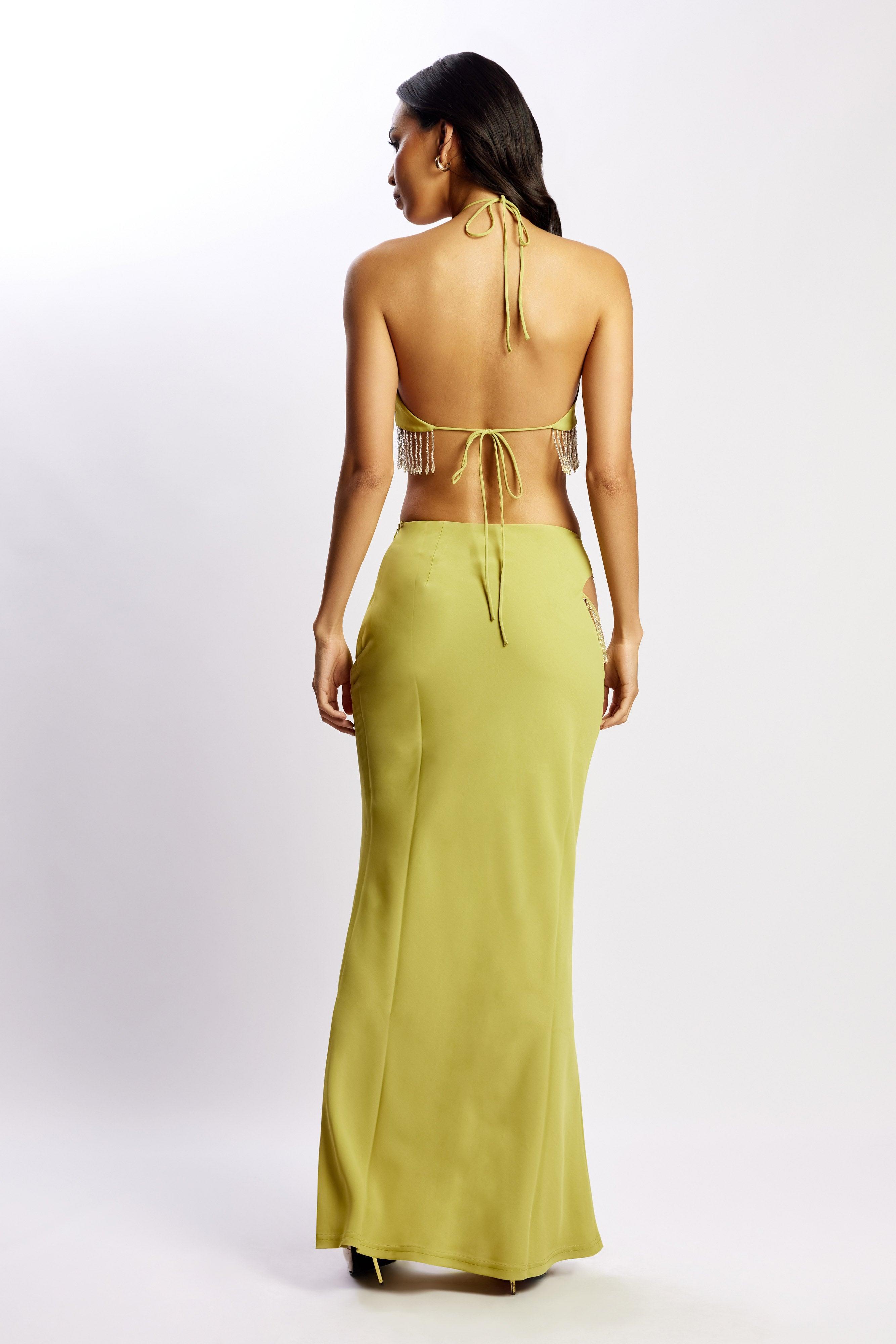 Jayleen Maxi Skirt With Fringe - Chartreuse Product Image