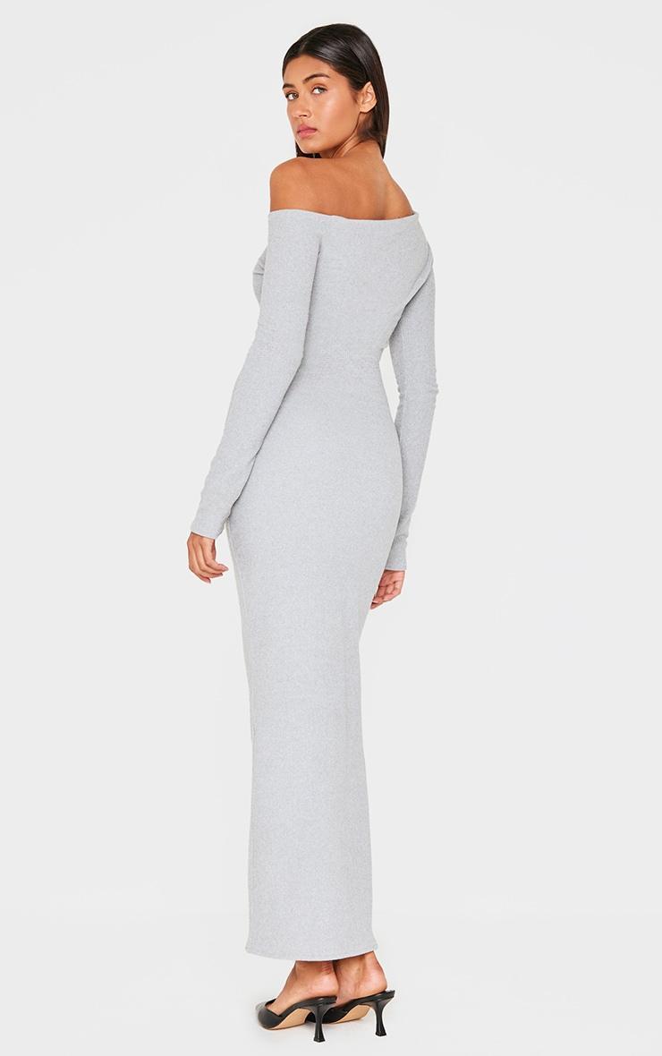 Grey Ribbed Bardot Long Sleeve Maxi Dress Product Image