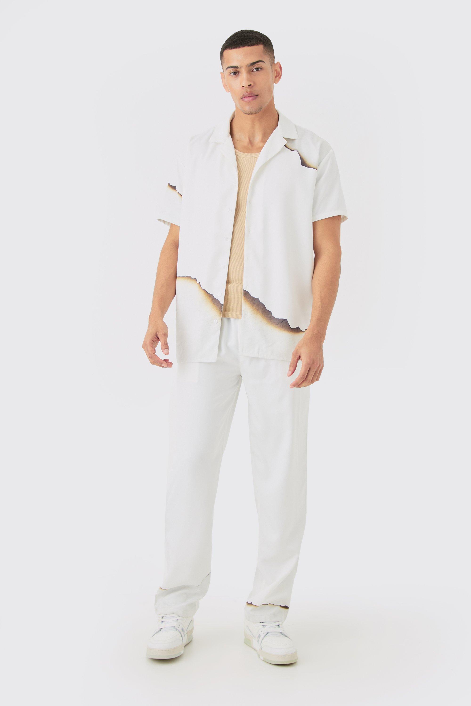 Mens White Soft Twill Oversized Printed Shirt & Trouser Set, White Product Image