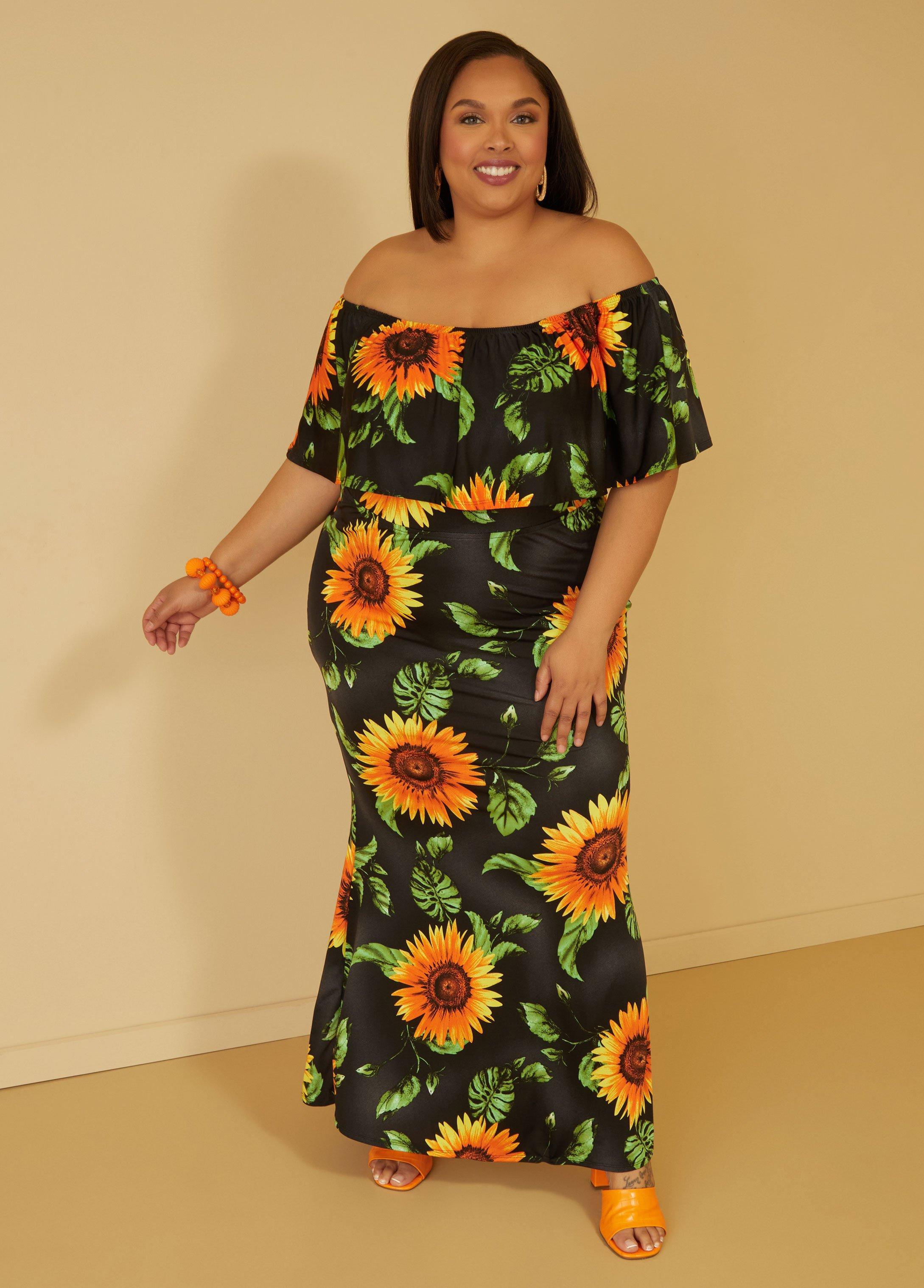 Plus Size Off The Shoulder Sunflower Dress Ashley Stewart Product Image