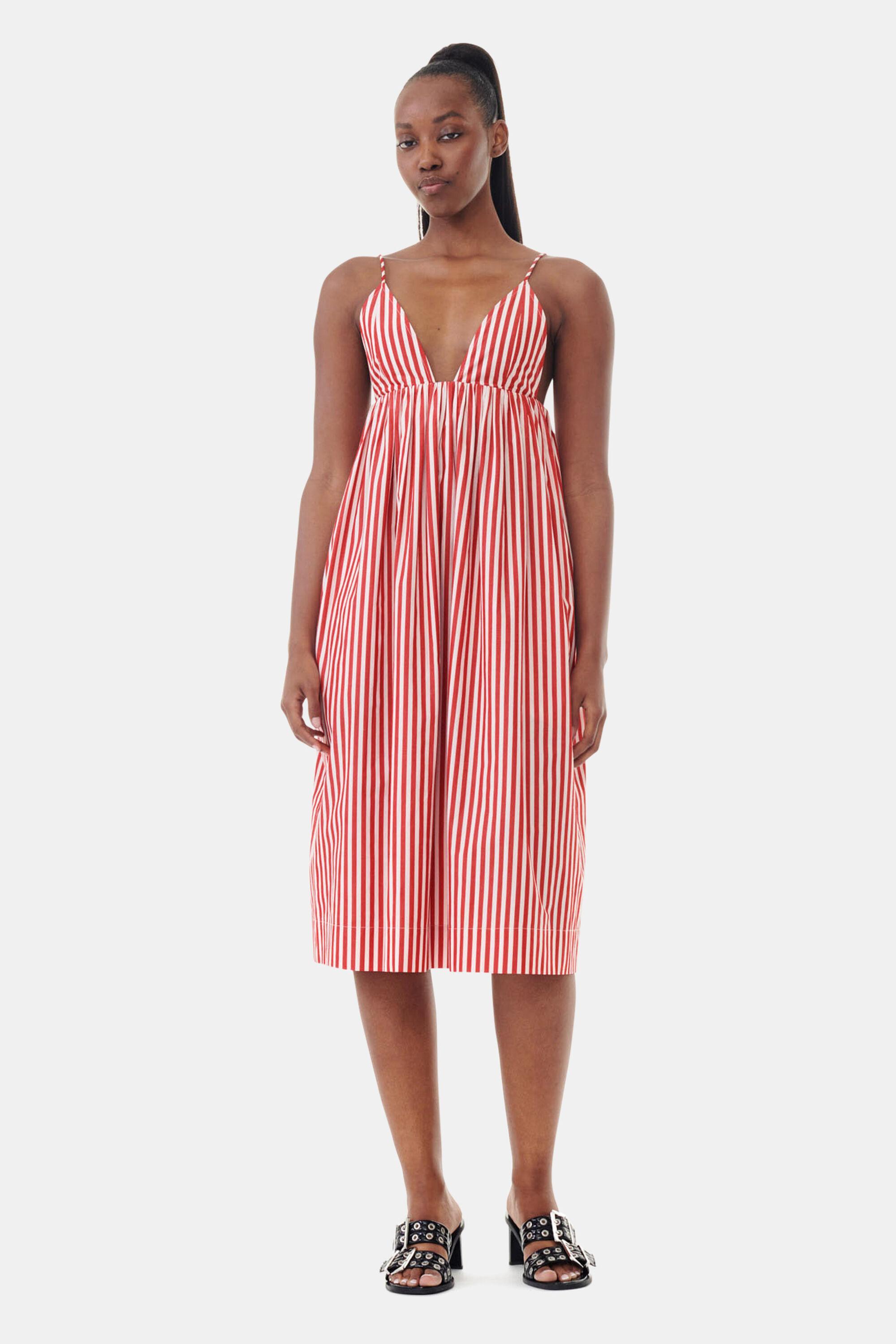 Red Stripe Cotton Strap Midi Dress Product Image