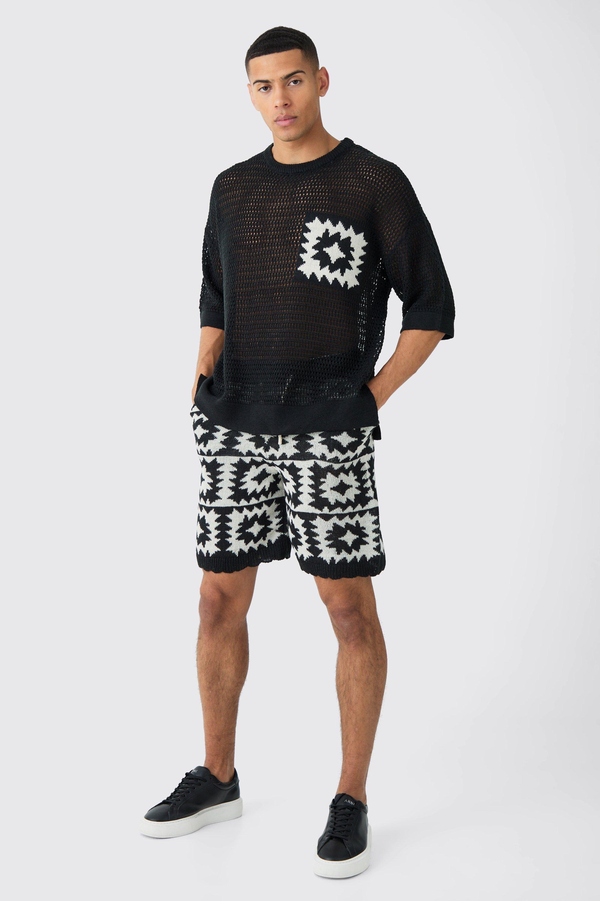 Oversized Open Stitch Crochet Short Knitted Set | boohooMAN USA Product Image