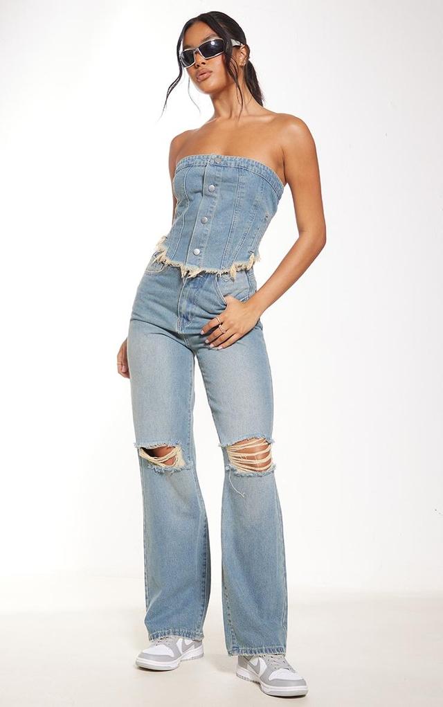 Mid Blue Wash Raw Edge Wide Leg Jeans Product Image