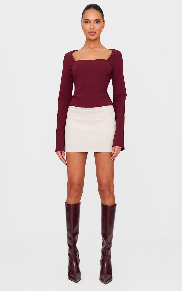 Burgundy Bengaline Square Neck Long Sleeve Top Product Image