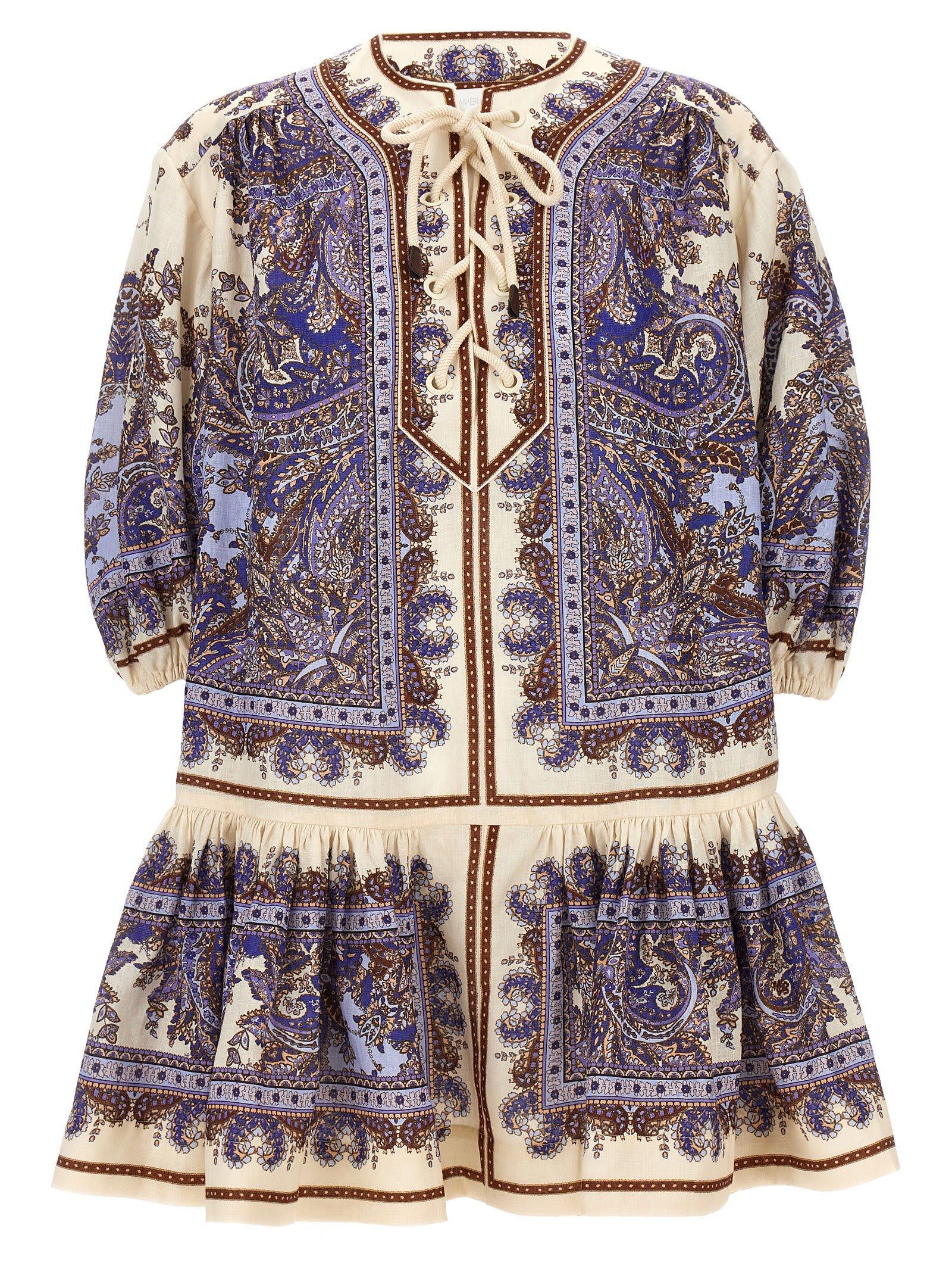 ZIMMERMANN Ottie Paisley Lace-up Linen Minidress In Purple Paisley Product Image