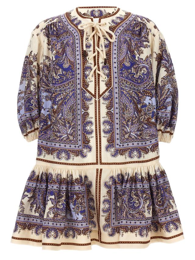 ZIMMERMANN Ottie Paisley Lace-up Linen Minidress In Purple Paisley Product Image