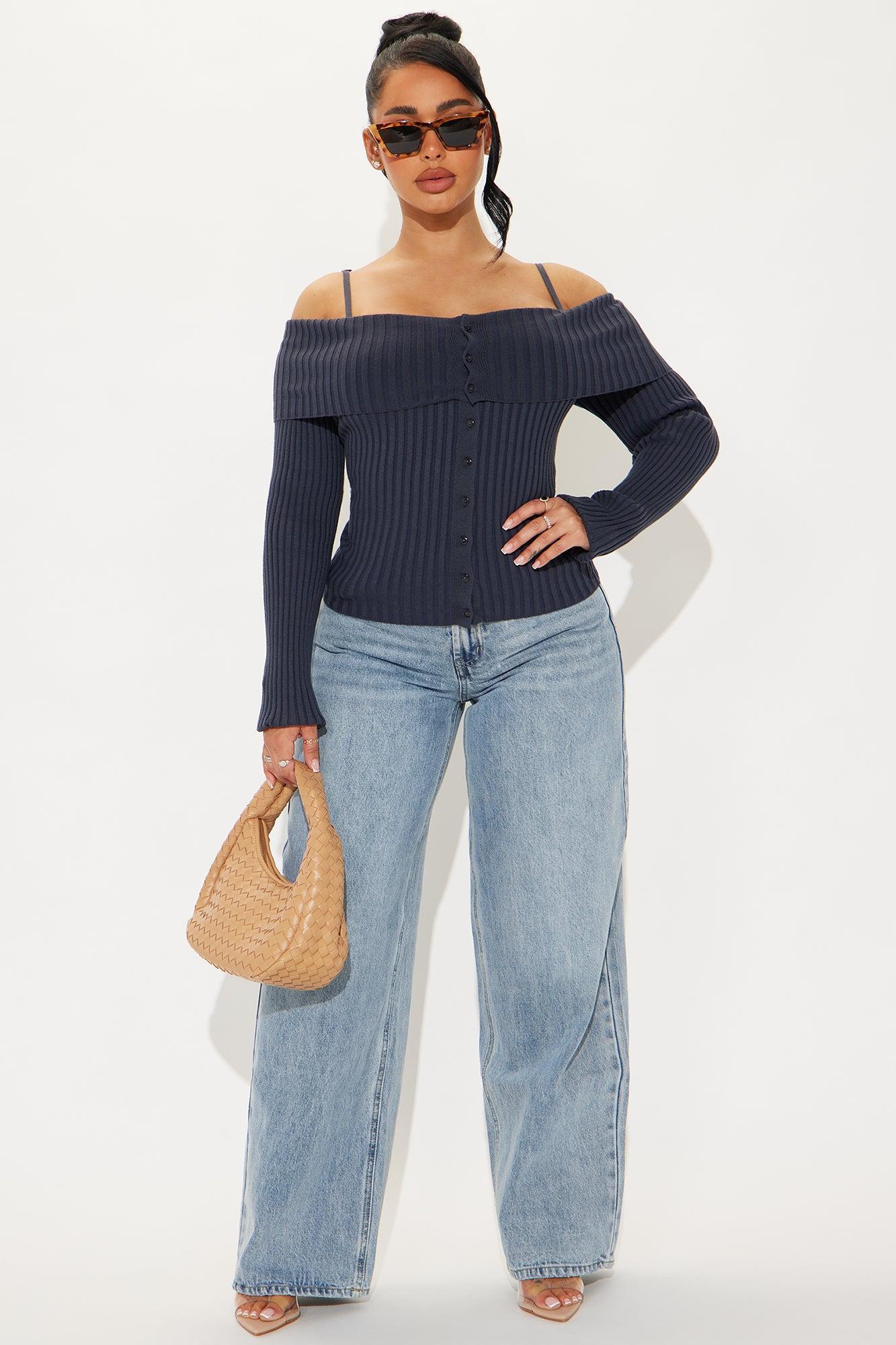 Losing It Off Shoulder Sweater - Navy Product Image