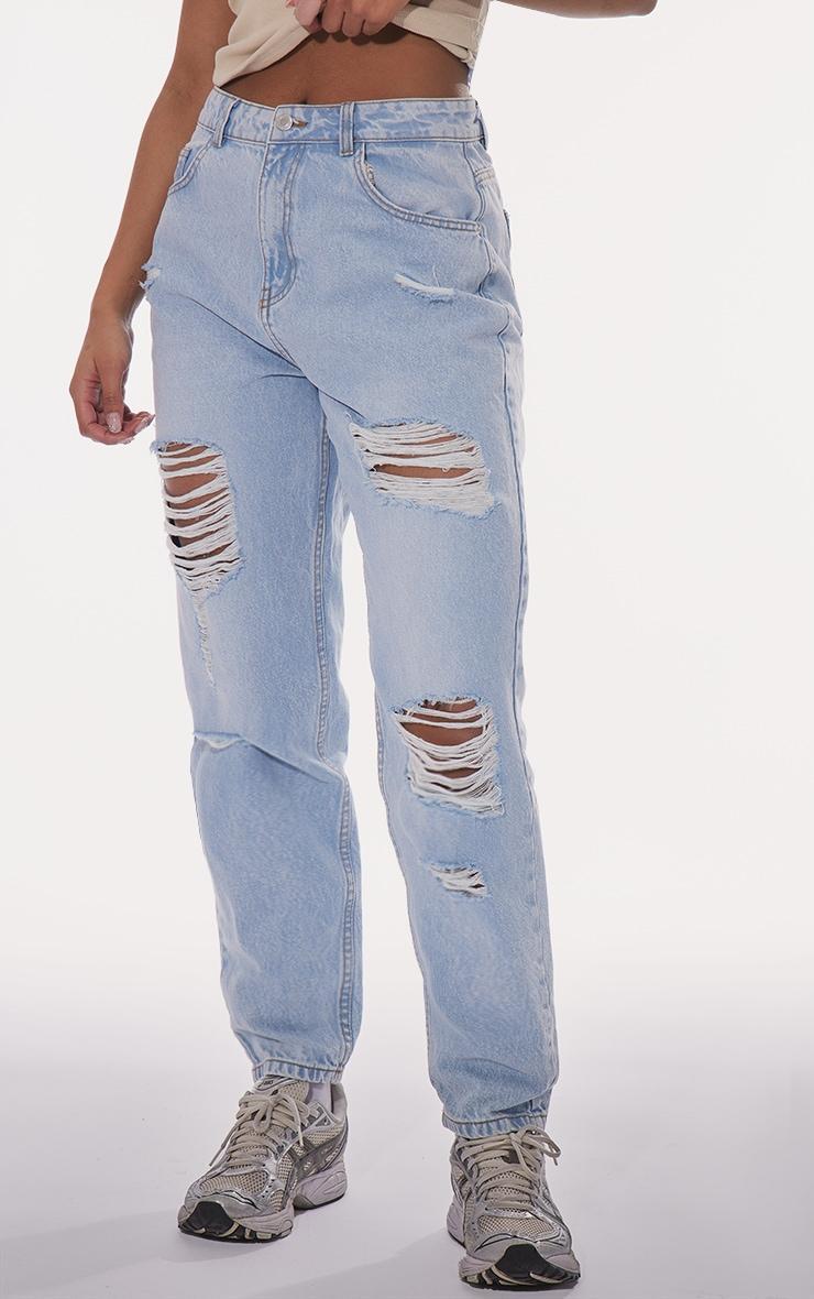 PRETTYLITTLETHING Light Blue Wash Distressed Mom Jeans Product Image