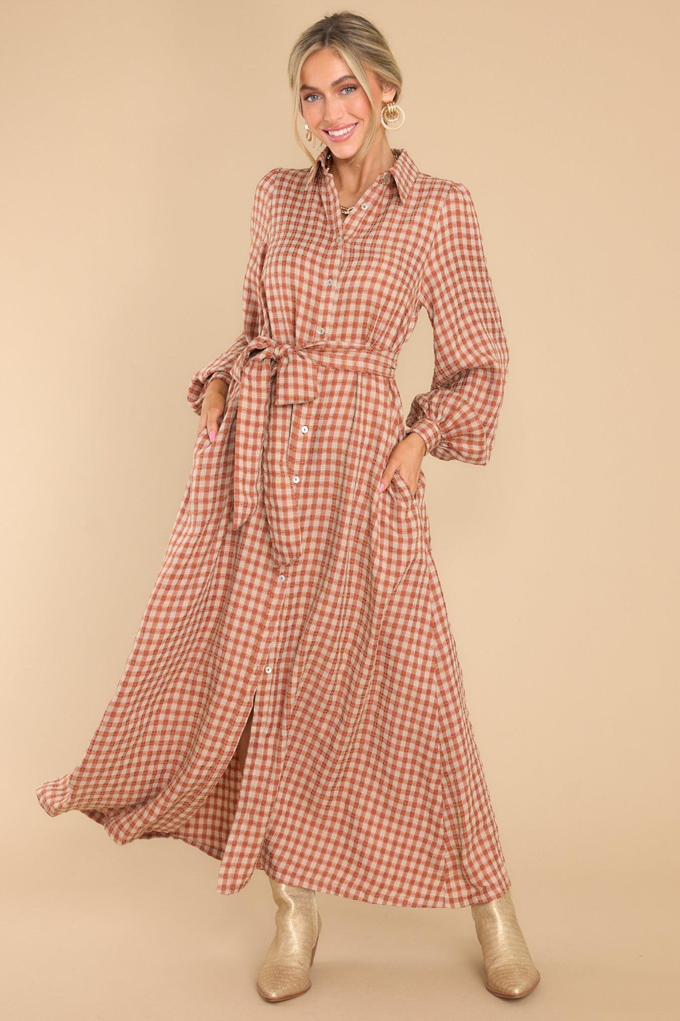 Aura Rustic Elegance Brick Plaid Maxi Dress Brown Product Image