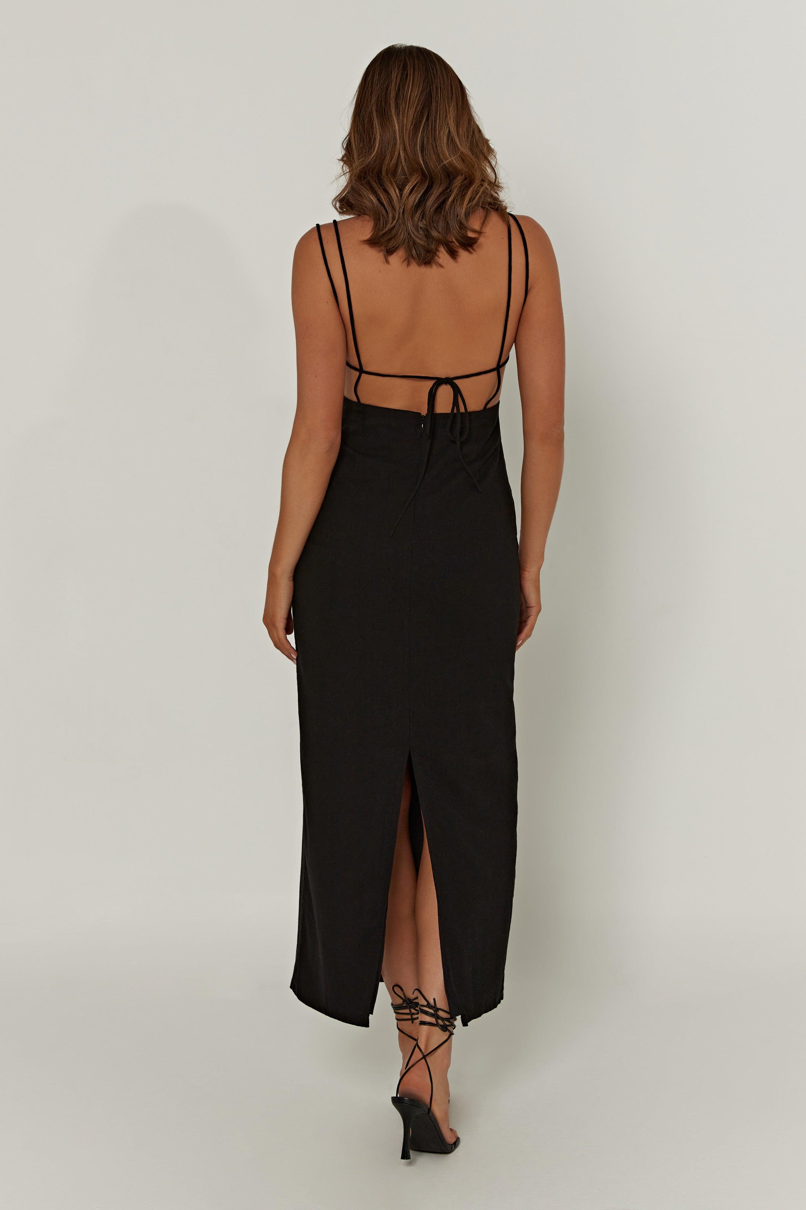 Leana Linen Backless Midi Dress - Black Product Image