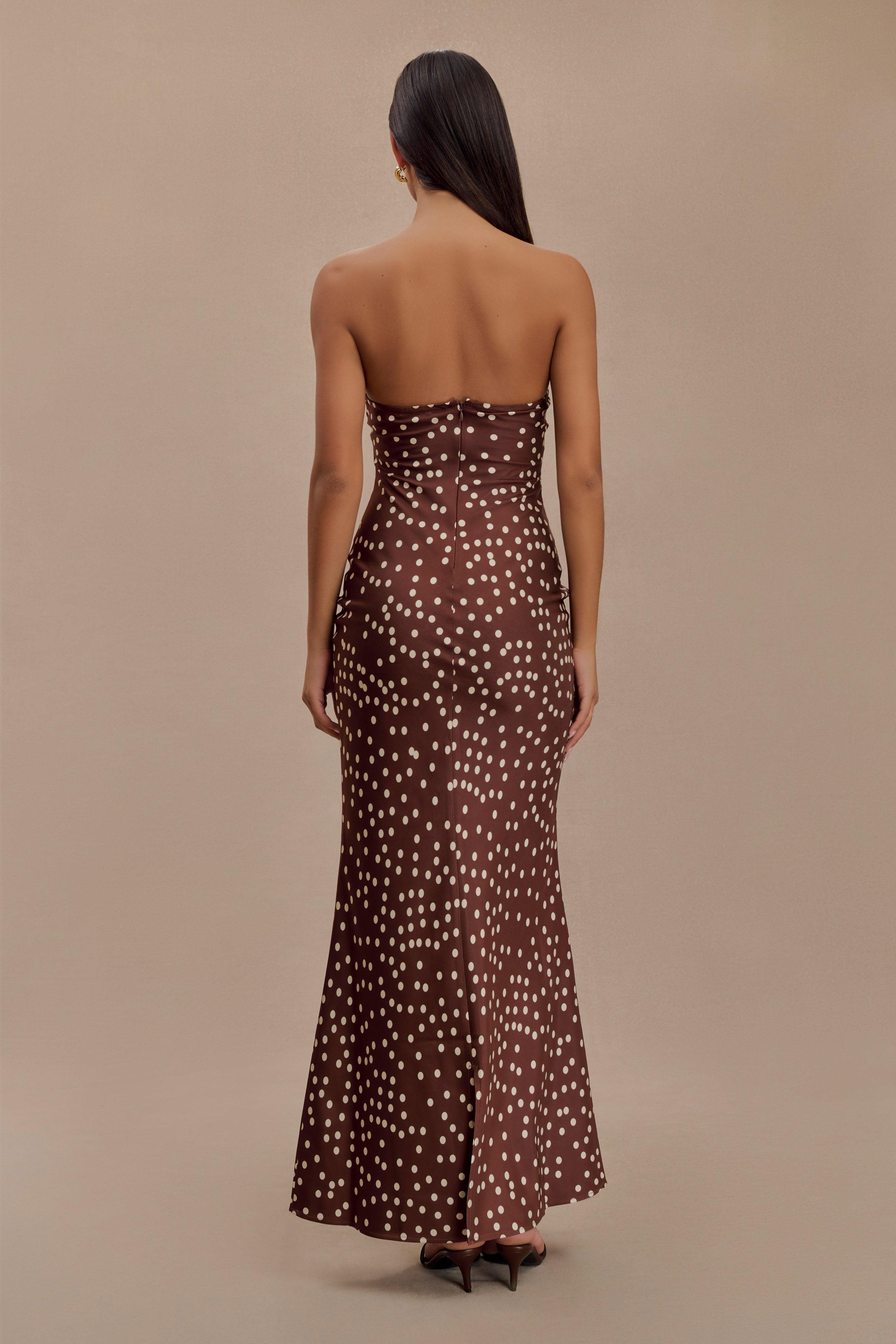 Claudette Strapless Satin Maxi Dress - Brown Polka Dot Print Product Image