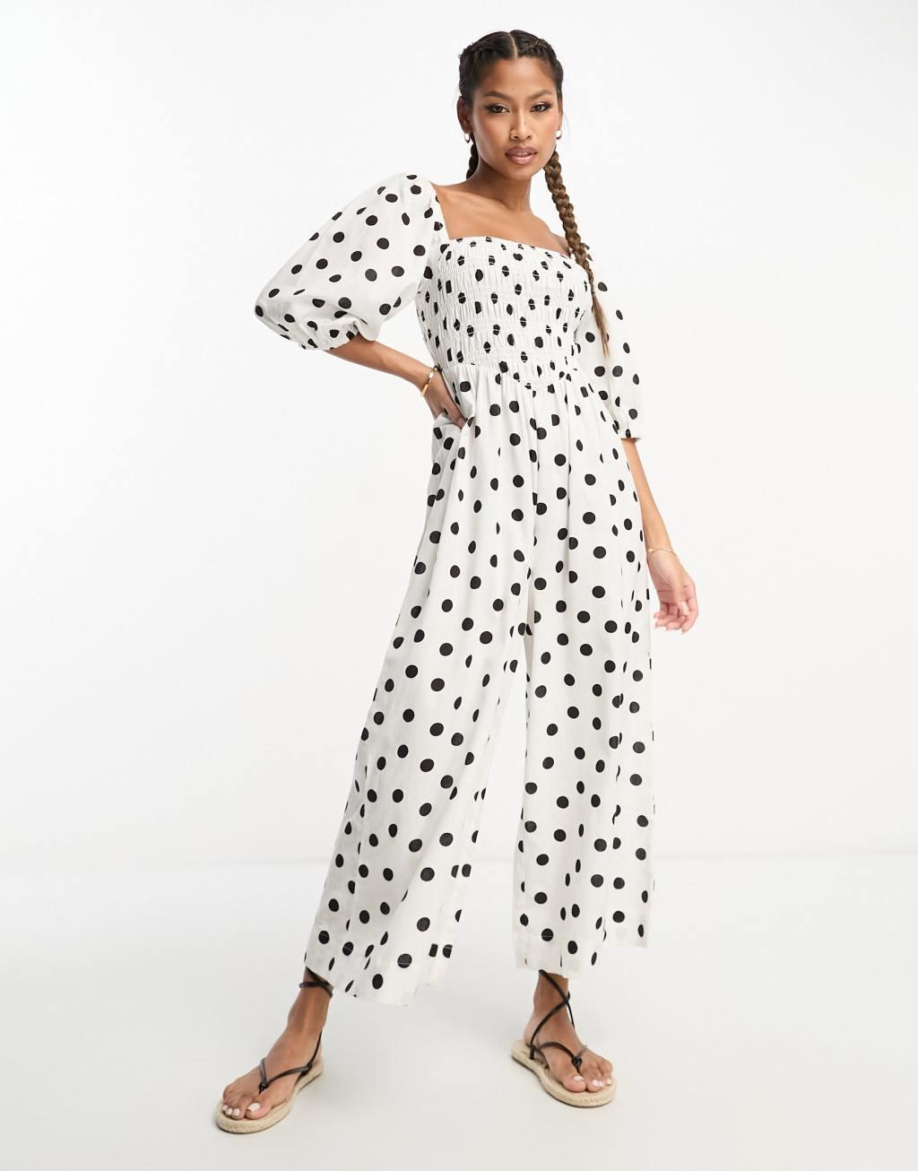 ASOS DESIGN linen look shirred bodice puff sleeve jumpsuit Product Image