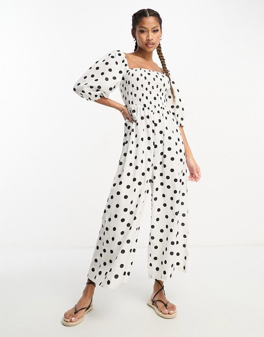 ASOS DESIGN linen look shirred bodice puff sleeve jumpsuit Product Image