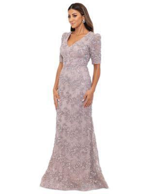 Xscape Womens Floral Soutache Sequin Puff-Sleeve Lace Gown Product Image