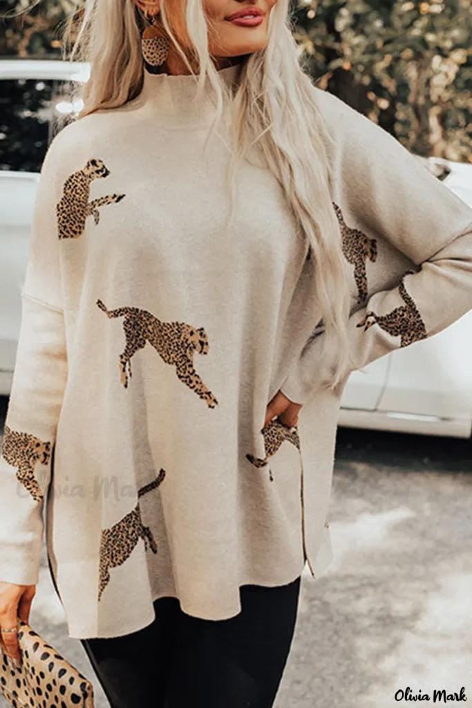 Olivia Mark – High Neck Split Hem Sweater – Parchment Lively Cheetah Print Design Product Image