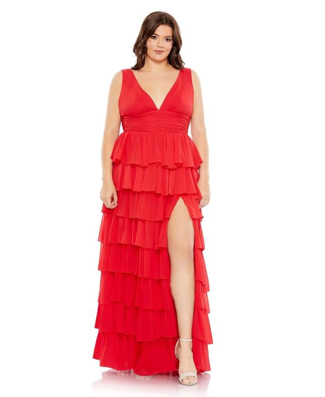 Mac Duggal Womens Plus Size Ruffle Tiered Sleeveless V Neck Gown Product Image