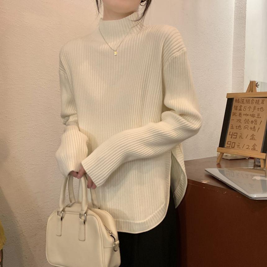 Long-Sleeve Mock Neck Plain Ribbed Slit Knit Top Product Image