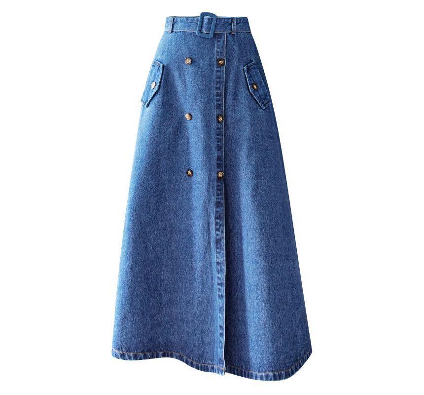 High Rise Plain Denim Midi A-Line Skirt Product Image