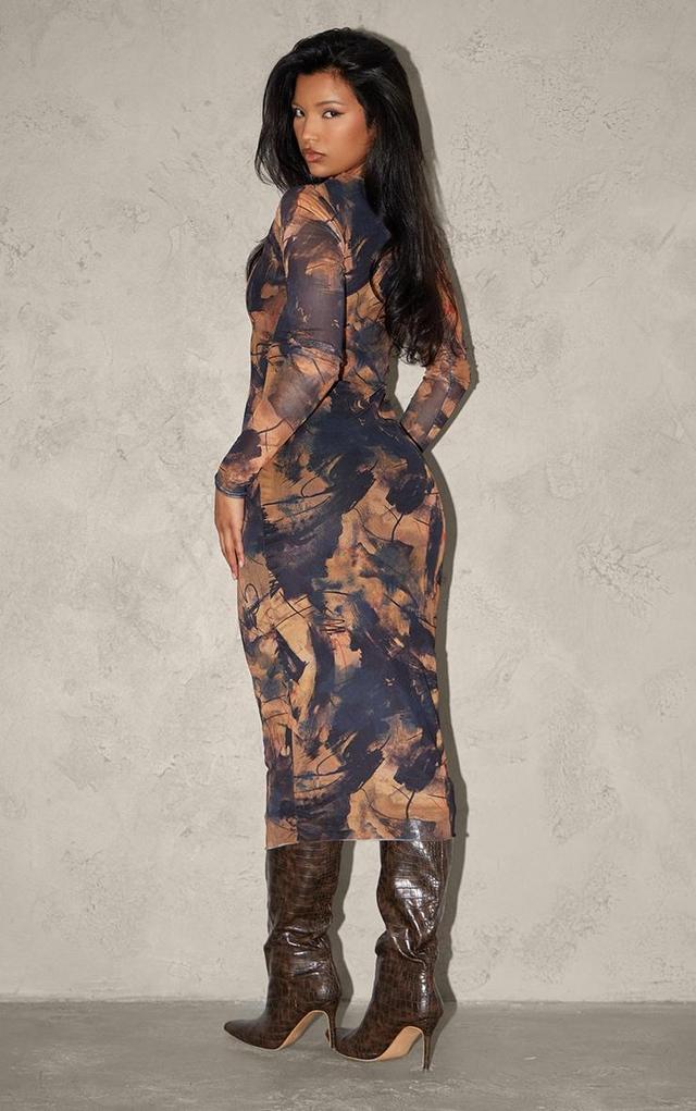 Brown Abstract Ruched Mesh Long Sleeve Midi Dress Product Image