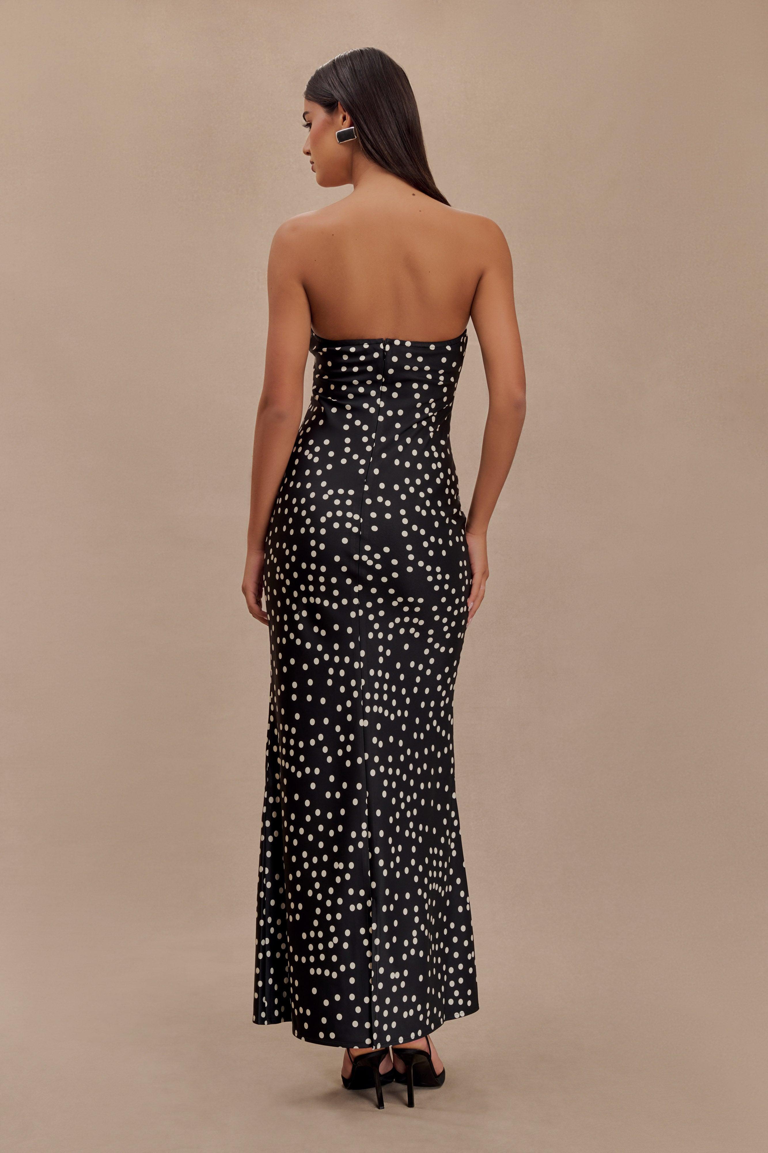 Claudette Strapless Satin Maxi Dress - Black Polka Dot Print Product Image