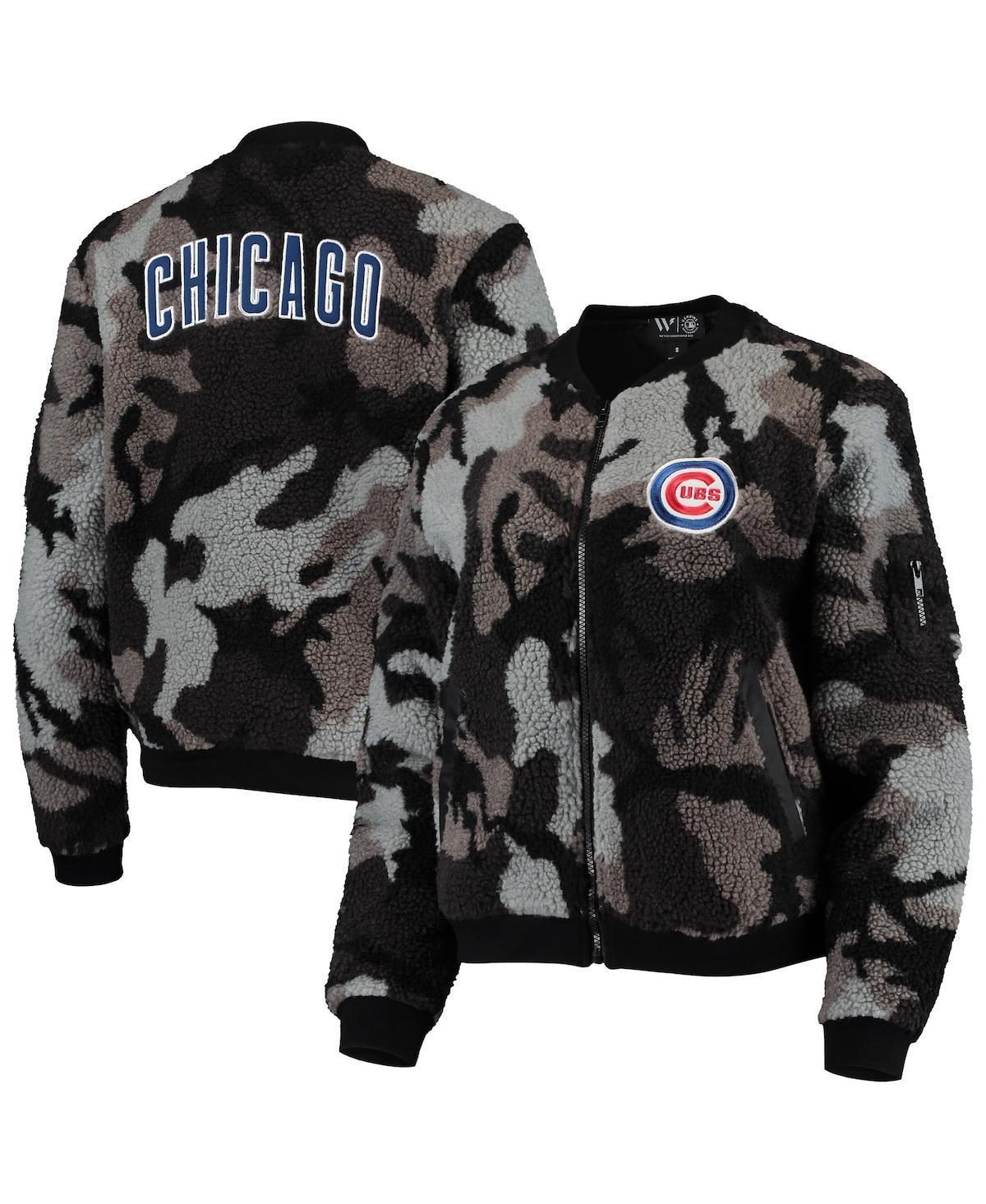 Womens The Wild Collective Black Chicago Cubs Camo Sherpa Full-Zip Bomber Jacket Product Image