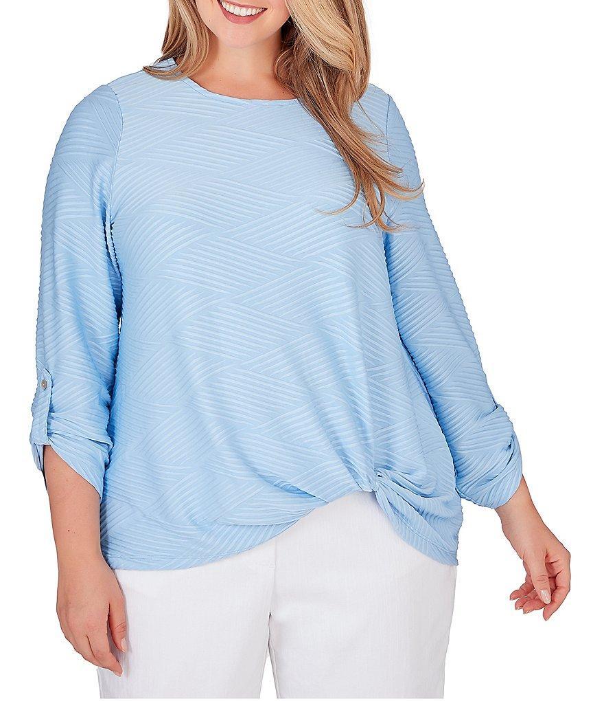 Ruby Rd. Plus Size Honeycomb Knit Crew Neck Gathered Front Hem 3/4 Sleeve Top Product Image