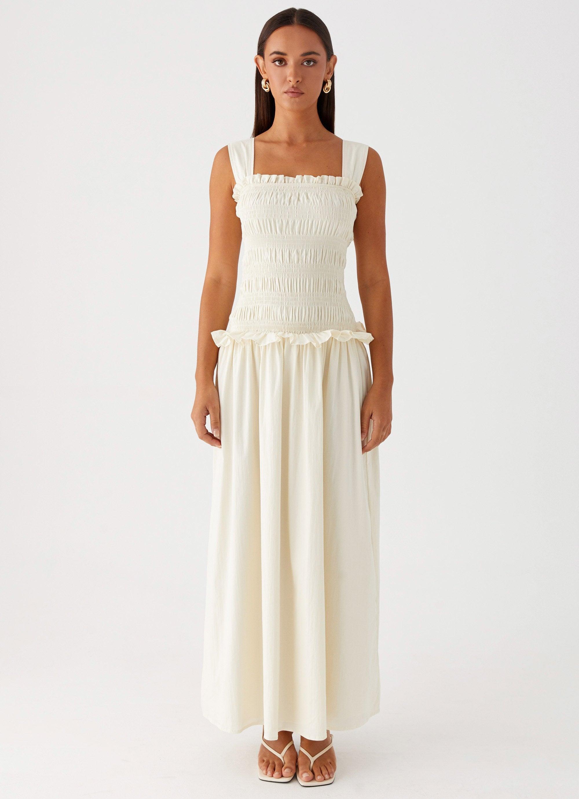 Deana Shirred Maxi Dress - White Product Image