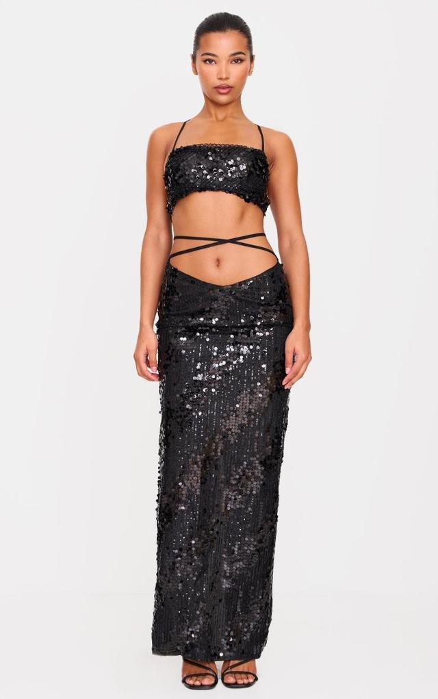 Black Sequin Low Rise Split Leg Maxi Skirt Product Image