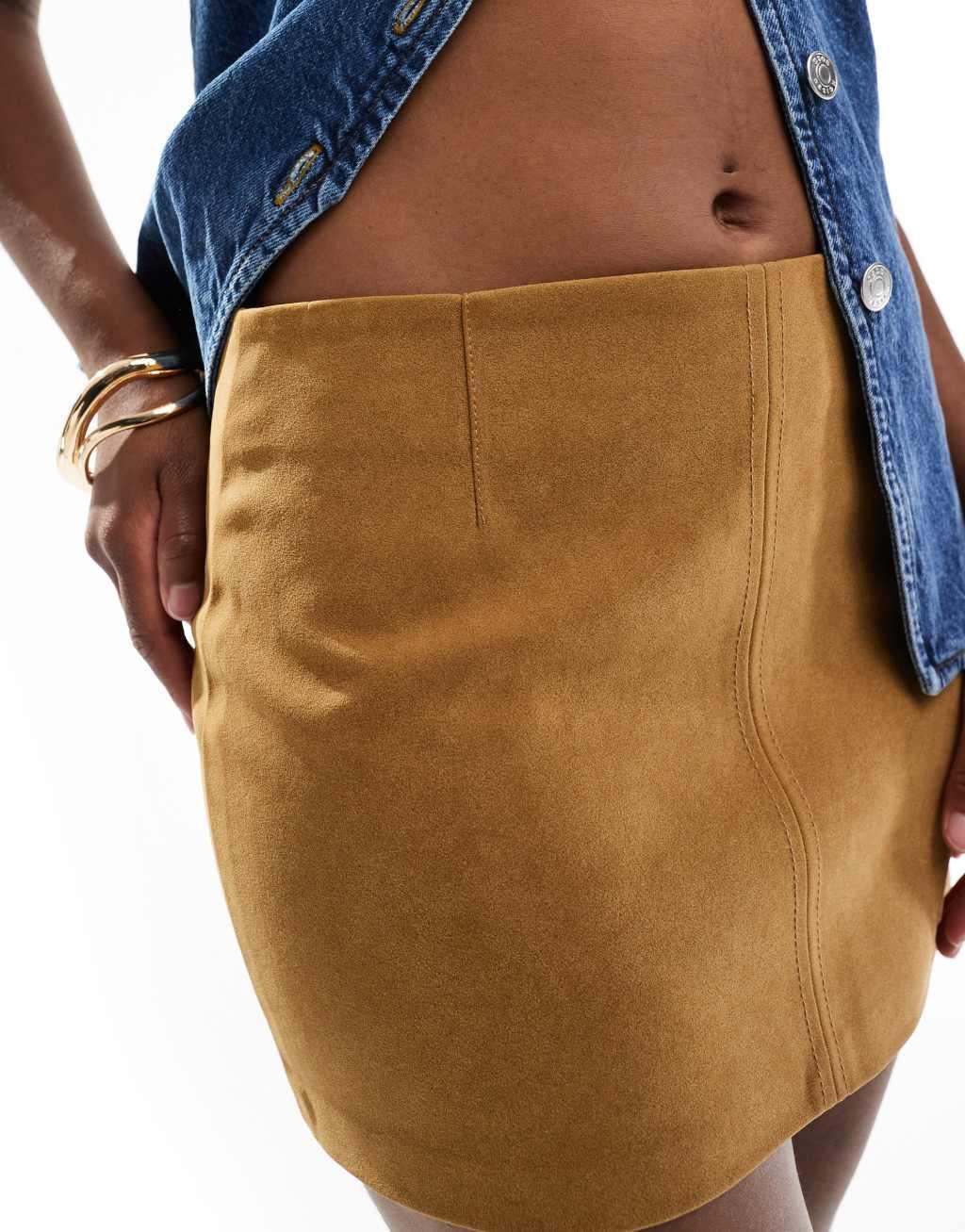 Bershka faux suede mini skirt in tan Product Image