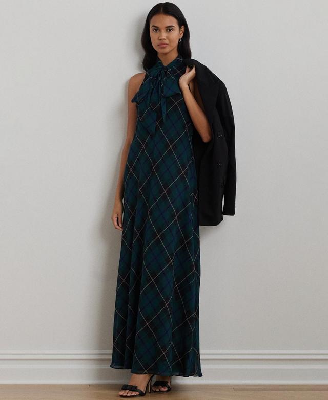 Lauren Ralph Lauren Womens Plaid Crinkle Georgette Tie-Neck Gown Product Image