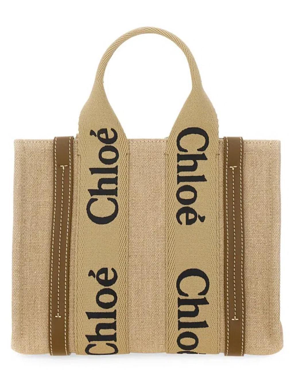 Multicolor Linen Small Woody Shopping Bag In Beige Product Image