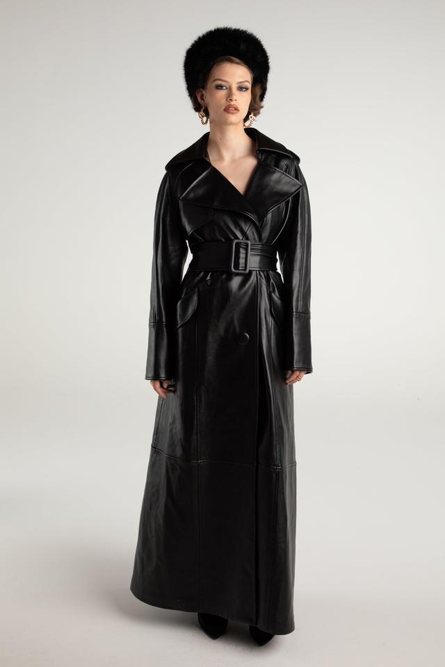 Cara Leather Trench Coat (Black) Product Image