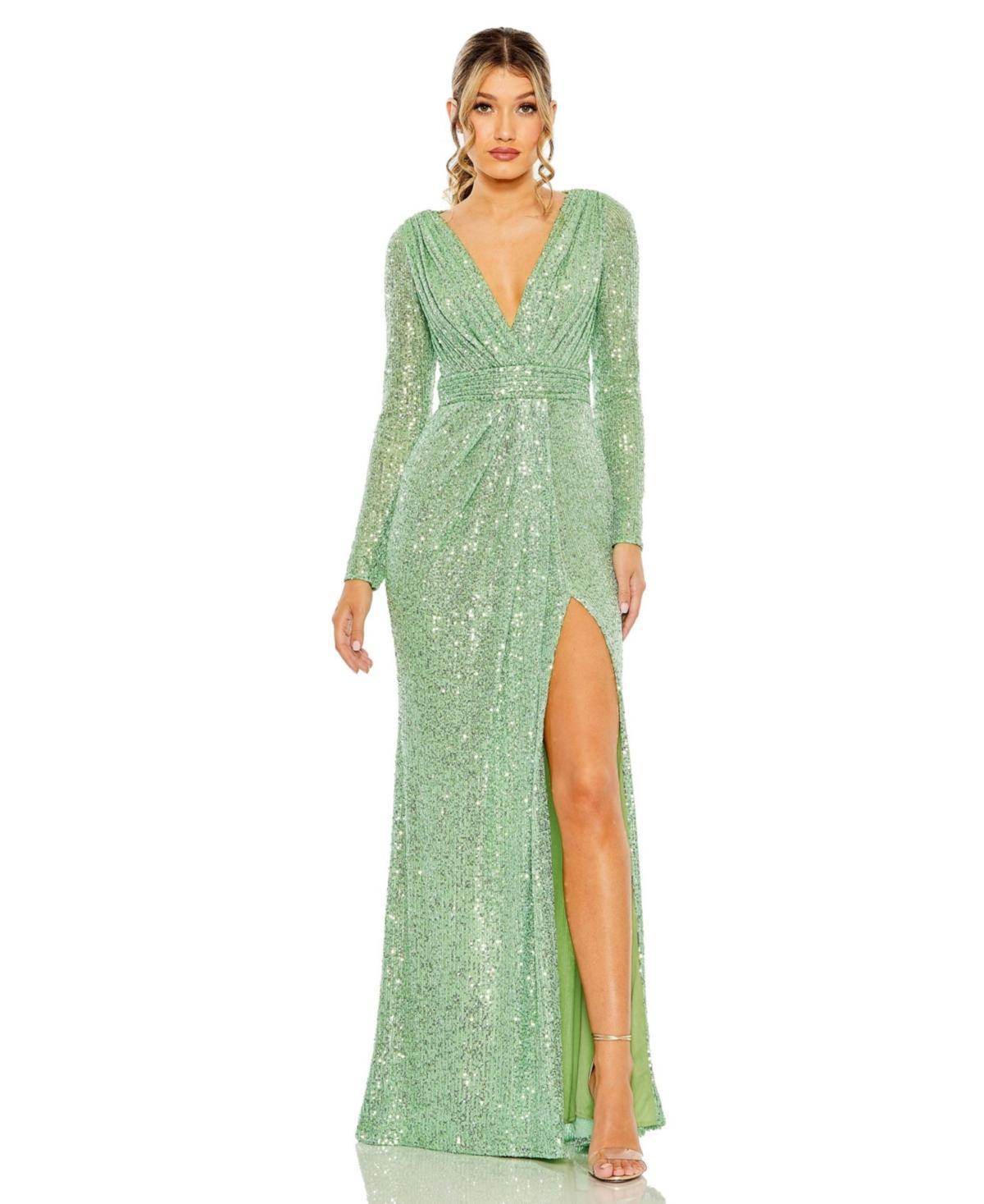 Ieena for Mac Duggal Long Sleeve Deep Surplice V-Neck Sequin Thigh High Slit Gown Product Image