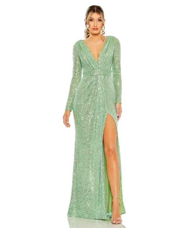 Ieena for Mac Duggal Long Sleeve Deep Surplice V-Neck Sequin Thigh High Slit Gown Product Image