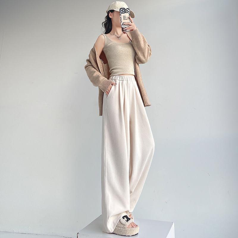 High Waist Plain Velvet Wide Leg Sweatpants Product Image