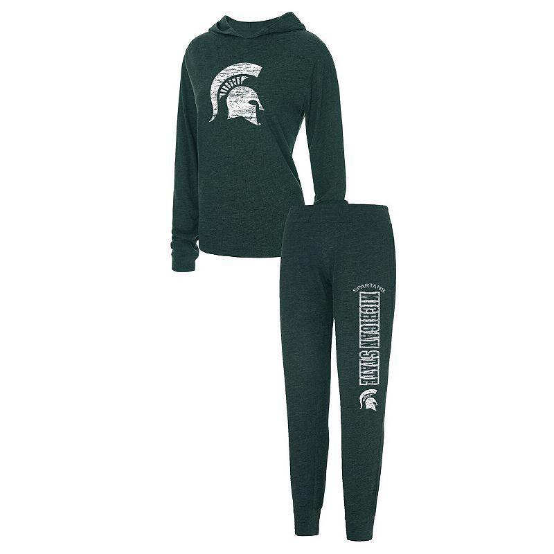 Womens Concepts Sport Heathered Green Distressed Michigan State Spartans Long Sleeve Hoodie T-shirt and Pants Sleep Set Product Image