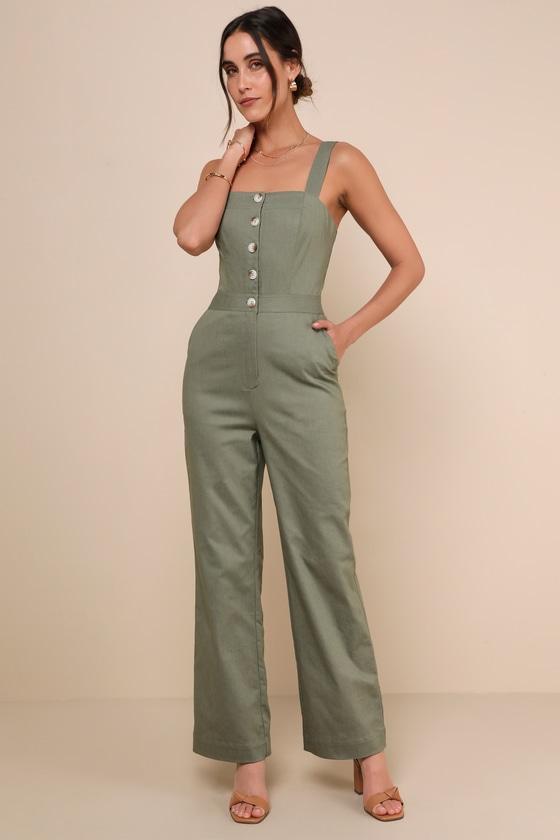 Practical Charm Sage Twill Button-Front Straight Leg Jumpsuit Product Image