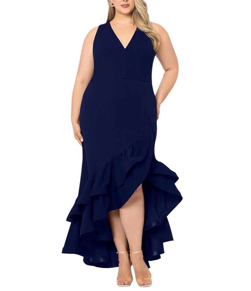 Betsy & Adam Plus Size Sleeveless V-Neck Ruffle Skirt Scuba Crepe Gown Product Image